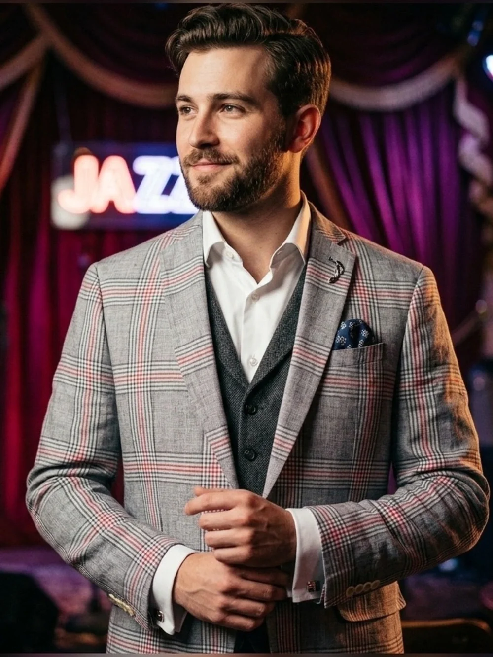 Zara Gray Plaid Sport Coat with Pink Windowpane and Navy Elbow Patches